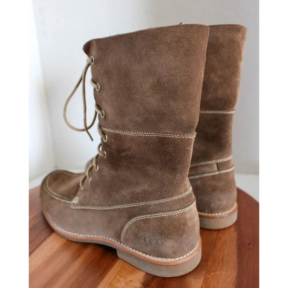 UGG Australia Lace Up Boots Mens 10 Brown Suede Moc Toe Fold Over 1001908